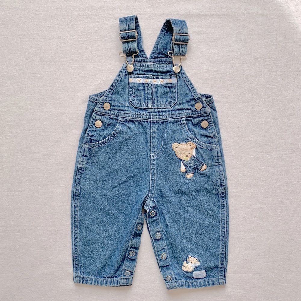 Vintage Carter’s Embroidered Teddy Bear Cotton Denim Blue Jean Overalls 12M